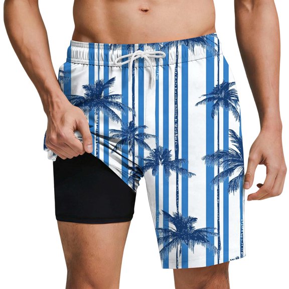 Lcziwo Elastic Waist Beach Shorts for Men Compression Liner 2 in 1 Swim Trunks Solid Color Pockets Summer 2026 Swimwear Navy,M