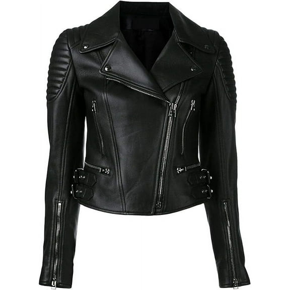 Women's Black Lambskin Real Leather Stylish Collared Jacket Biker Motorcycle Slim Fit Coat W422