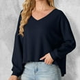 thumbnail image 2 of Olyvenn Stylish Womens V Neck Waffle Knit Sweater Loose Casual Blouse Plus Size Cropped Top Long Sleeve Pullover Crop Sweater Navy 12, 2 of 6