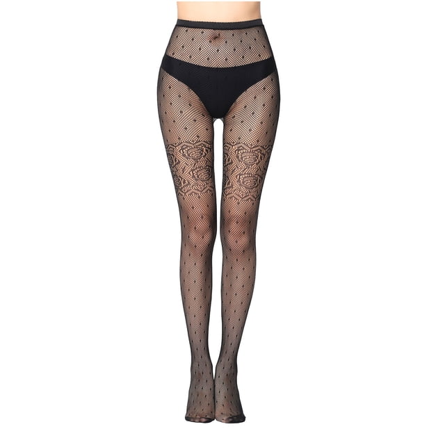 Lovskoo Collants Taille Haute pour Femmes Bas Résille Mode pour Dames Ajourés en Maille Imprimée Collants Résille Bas Collants Noir