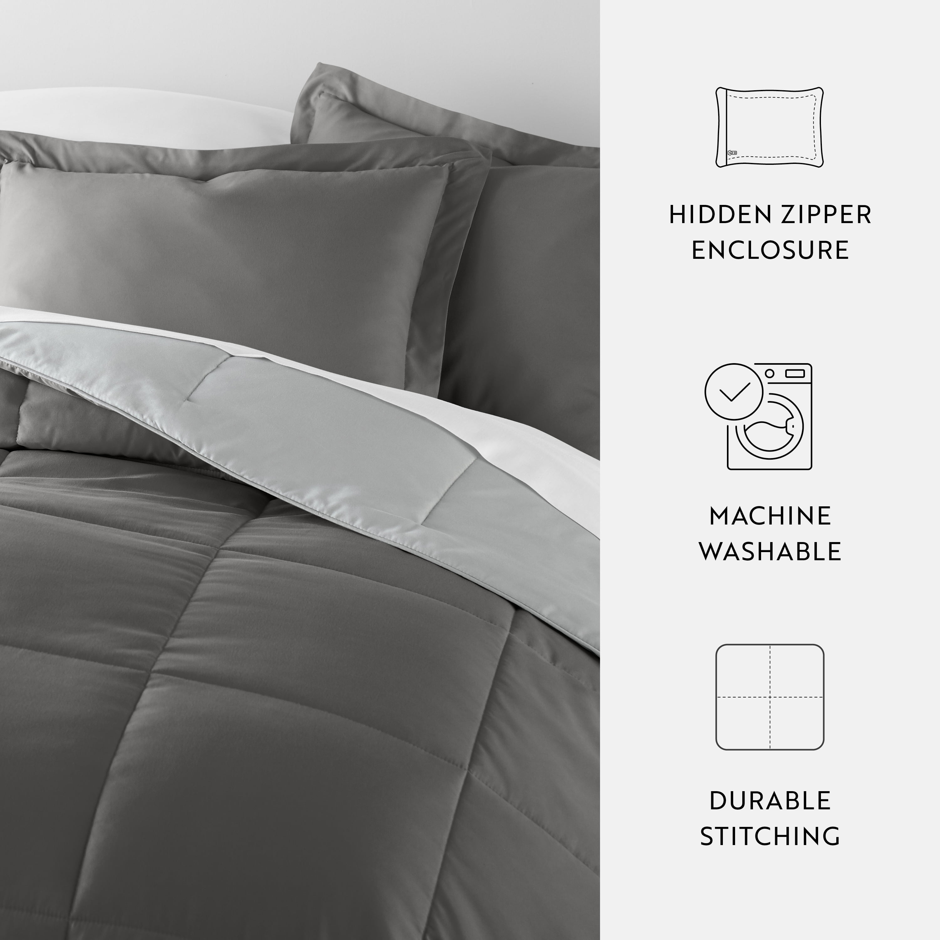 Noble Linens Soft 3-Piece Gray & Silver Reversible All Season Lightweight Down Alternative Comforter Set, Full/Queen
