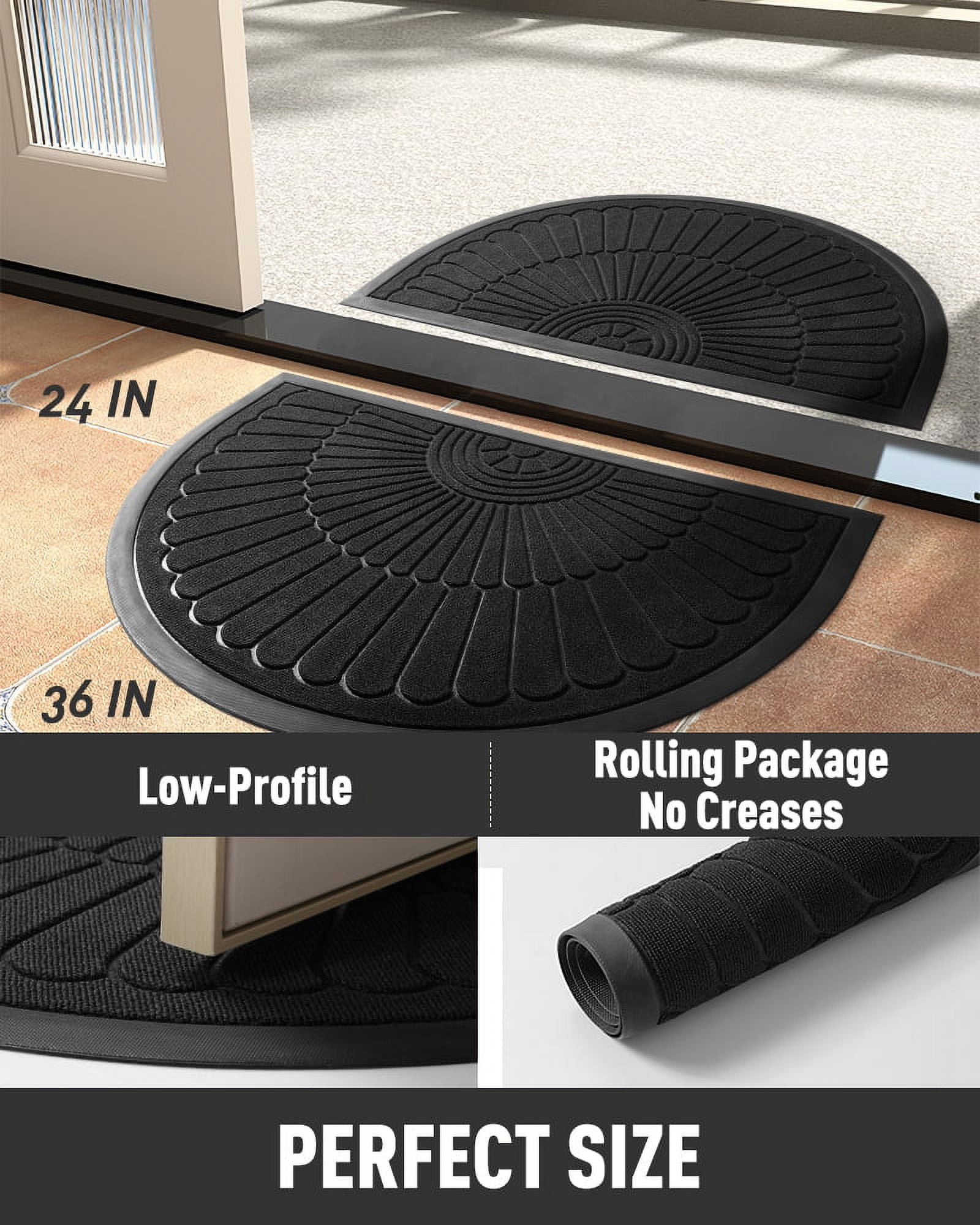 VUNATE Door Mat Outside Indoor Doormat Non Slip Rubber Welcome Mat Outdoor Mat for Front Door Entrance Absorbent Dirt Trapper Floor Mats for Home Low Profile Entry Rug Half Round 24"x35" Black
