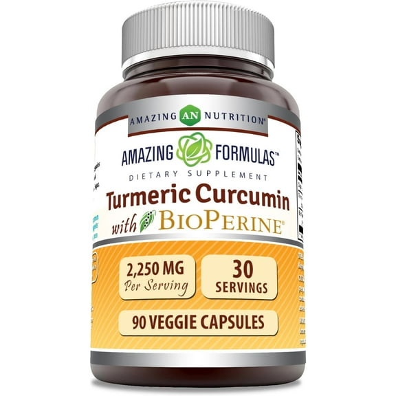 Amazing Formulas Turmeric Curcumin with Bioperine 2250 Mg per Serving 90 Veggie Capsules Supplement | 30 Serving Per Bottle | Non-GMO | Gluten-Free | Suitable for Vegetarians