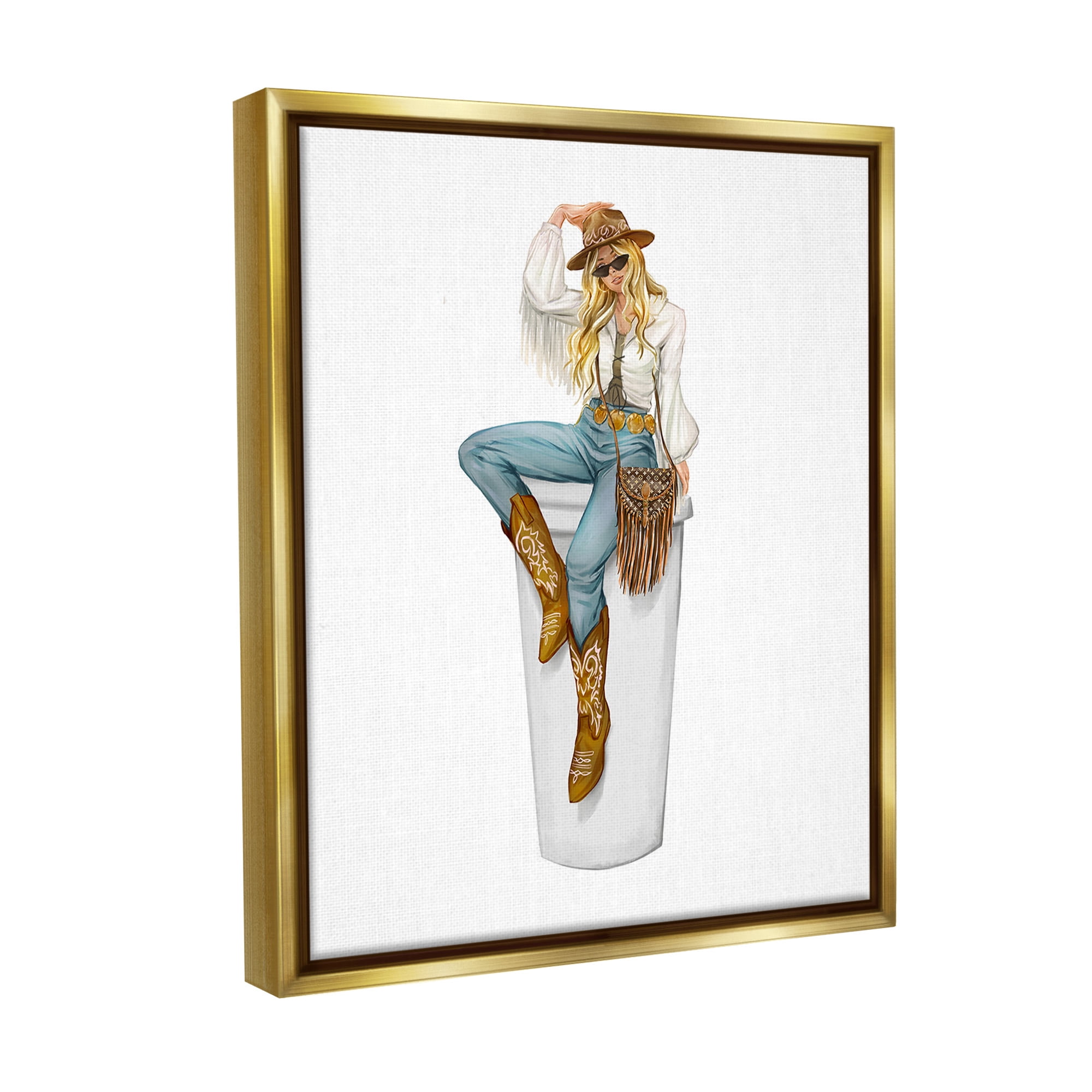 Stupell Industries Boho Cowgirl & Coffee Food & Beverage Painting Gold Floater Framed Canvas Art Print Wall Art, 17 x 21
