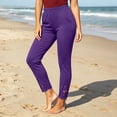 thumbnail image 4 of TtopsQueen Women Cropped Skinny Pants, Elastic High Waist Slim Fit Capri Trousers with Hollow Lace Scalloped Hem, Stretchy Daily Casual Bottoms with Pockets Purple,L, 4 of 5