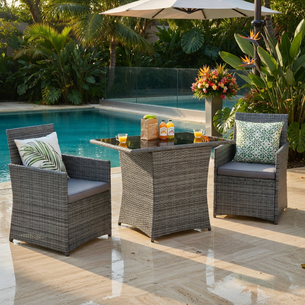 Hommoo 3-Piece Patio Rattan Furniture Set, Steel Frame Outdoor Sofa & Table with Washable Cushions for Balcony, Porch, Garden, Gray