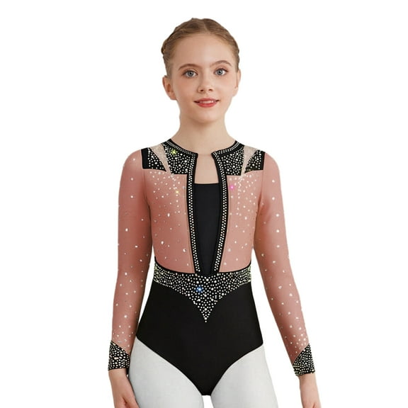 YiZYiF Girls Sparkly Rhythmic Gymnastics Leotards Long Sleeve Ballet Dance Figure Skating Bodysuit Dusty Pink 10