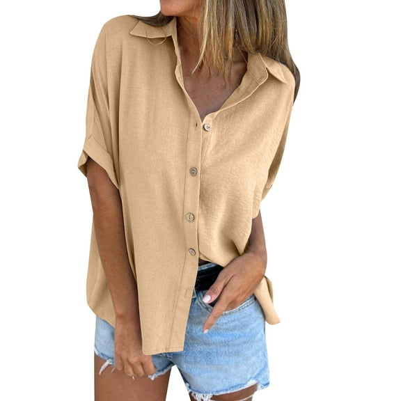 Clearance! Hassda Women's Spring/Summer Solid Color Button Down Five Quarter Sleeve Lapel Shirt Linen Shirts for Women Plain Shirts for Women Tops for Women Trendy Beige L