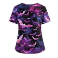 thumbnail image 3 of WTOBBY Women's Fashion V-Neck Short Sleeve Workwear with Pockets and Side Slits, Halloween Printed Tops Featuring Bat and Pumpkin Graphics for Caregiver Uniforms, Perfect for Nursing,Dark Purple 2XL, 3 of 4
