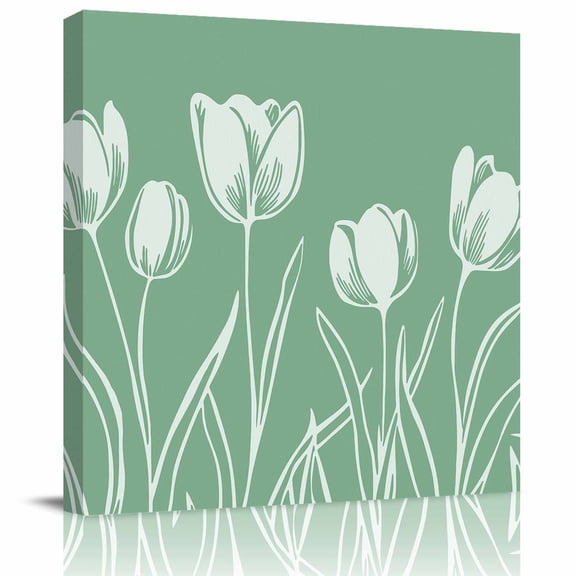 Framed Canvas Wall Art for Living Room Green Tulip Flowers Wall Decor, Floral Plant Aesthetic Paintings for Bedroom Office Kitchen Bathroom, Ready to Hang Artwork Wall Pictures 8x8 Inch