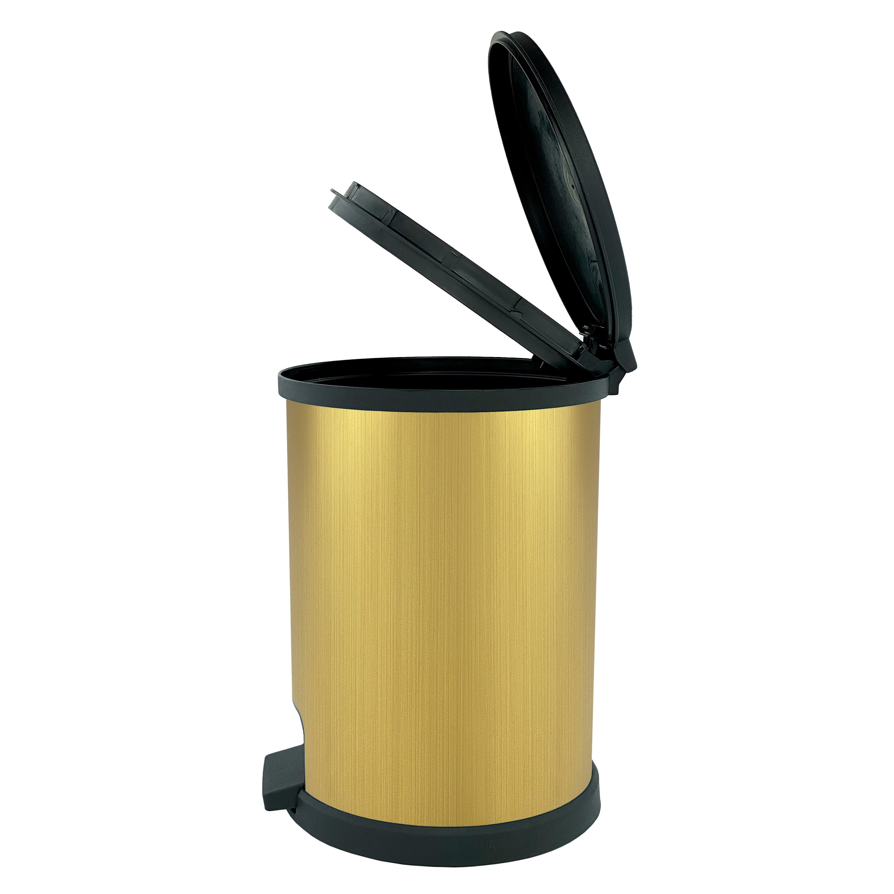 Mainstays 1.5 Gallon Trash Can. Plastic Round Step Bathroom Trash Can, Stainless Gold