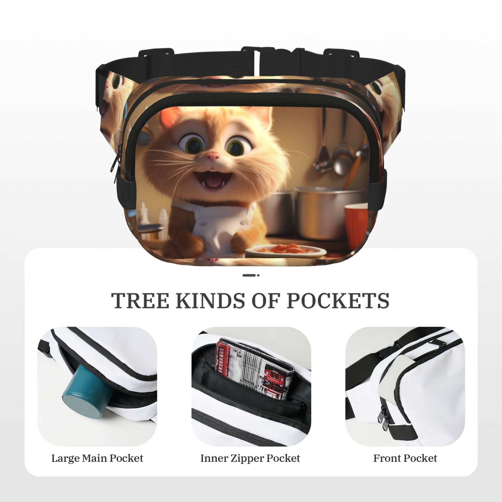 Picia Cartoon Cooking Cat Print Square Double-Layer Waist Bag Mini Adjustable Waist Belt Bag Exercise Running Travel Hiking