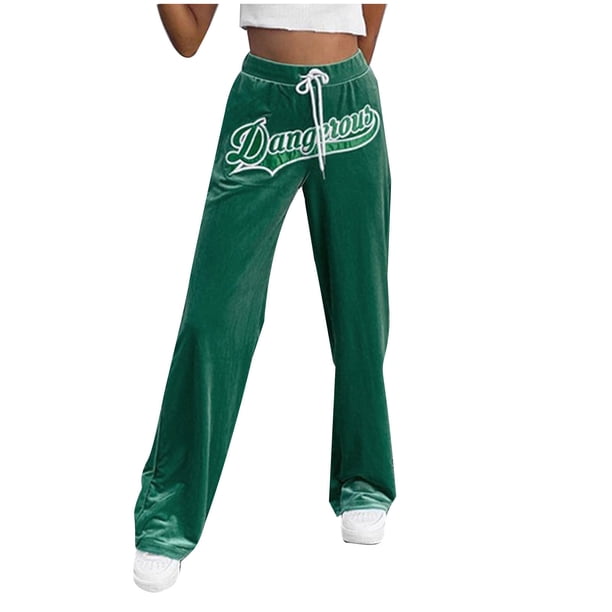 Pantalones largos informales con bordado de letras de cintura alta para mujer Pompotops ulkah942819