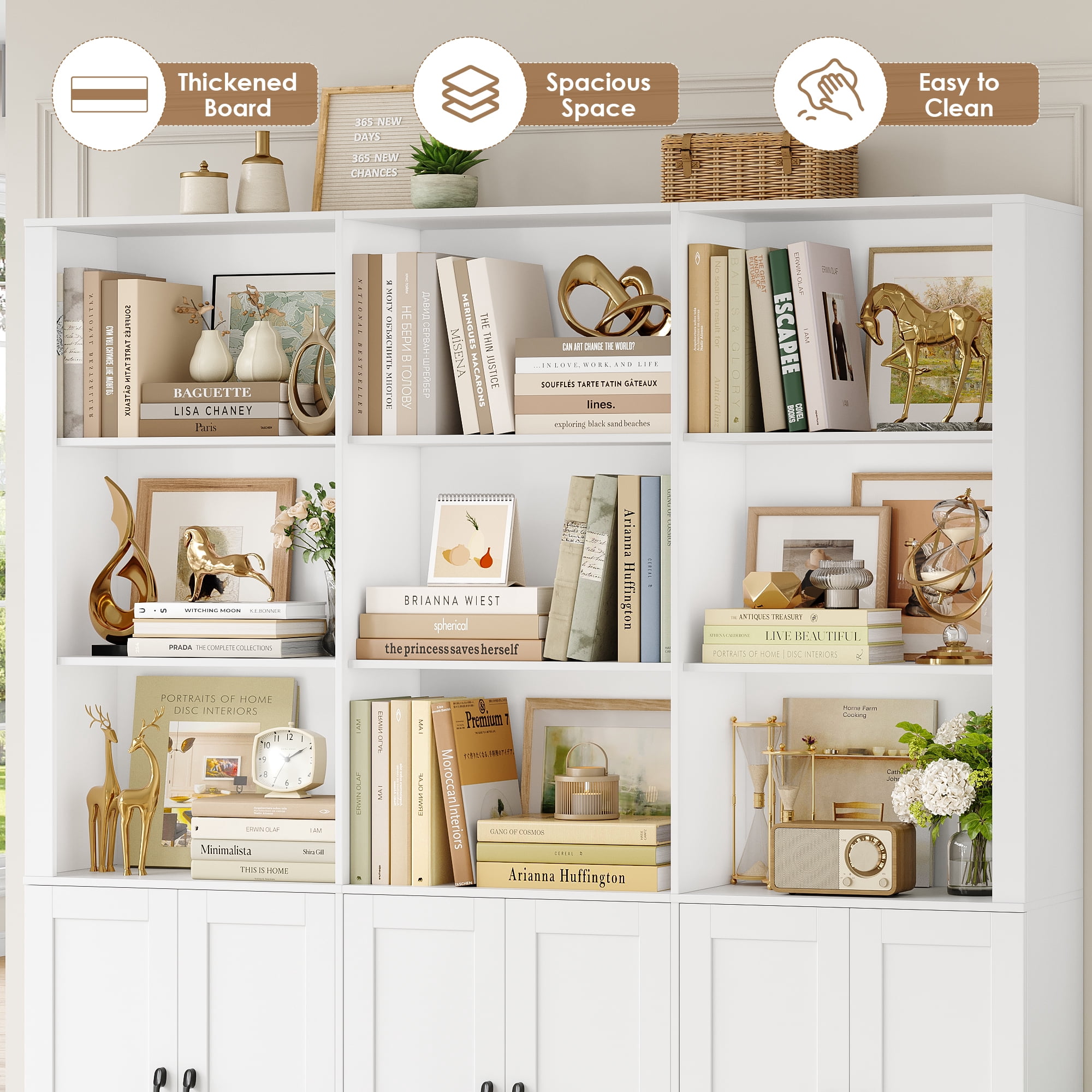 Homfa 70″ Tall Bookshelf and Bookcase with Cabinets, 63'' Wide Triple Row Display Shelves, 15 Cubes 5-Tiers Large Bookcase for Living Room Home Office, White