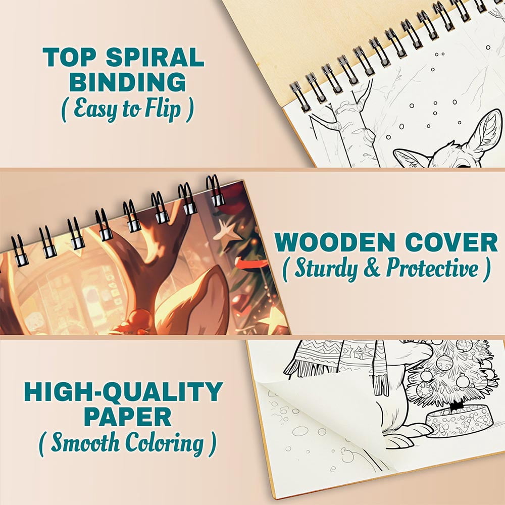 Netecom Christmas Animal Coloring Book Spiral Bound For Adults, A5 Wooden Cover, 30 Relaxing Coloring Pages of Snowy Animal Friends for Stress Relief and Relaxation