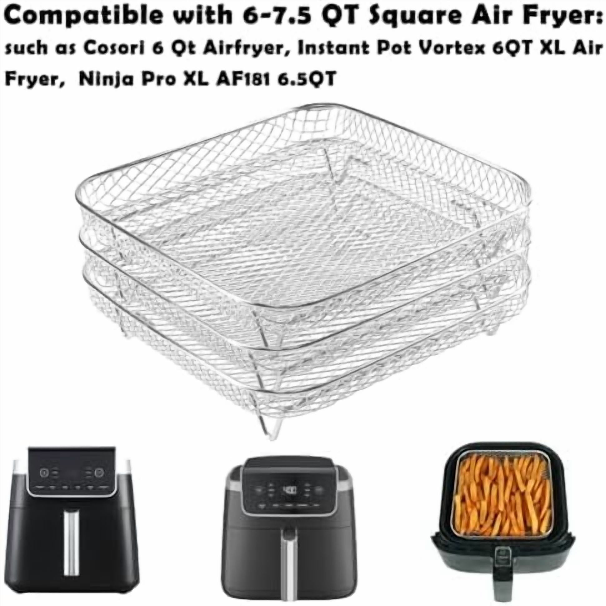 8 inch Square Air Fryer Rack, 3pcs Stackable Stainless Steel Dehydrator Rack with Silicon Feet, Square Air Fryer Accessories for Cosori, Instant Vortex, Ninja Pro XL 6.5 QT AF181 & More