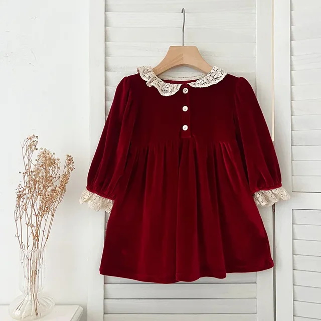 Vestido de primavera para hermanas, mono con solapa de encaje para niñas, vestido de princesa con mangas abullonadas de encaje de terciopelo rojo, ropa de Año Nuevo