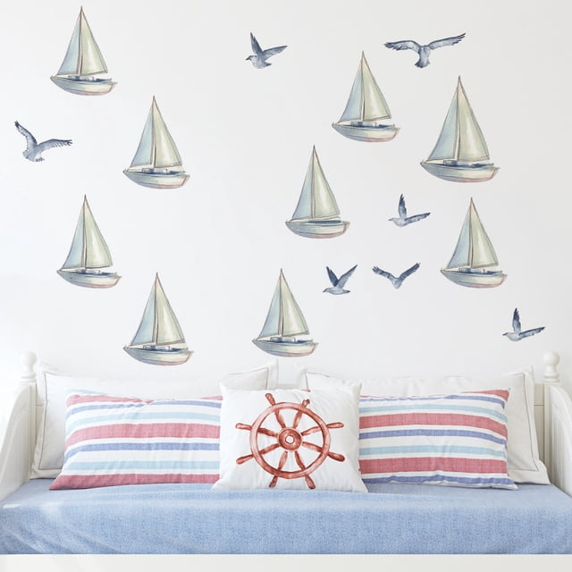 Adhesivos de pared con dibujos animados de gaviotas, velero, PVC, 105 x 60 cm, 3 hojas