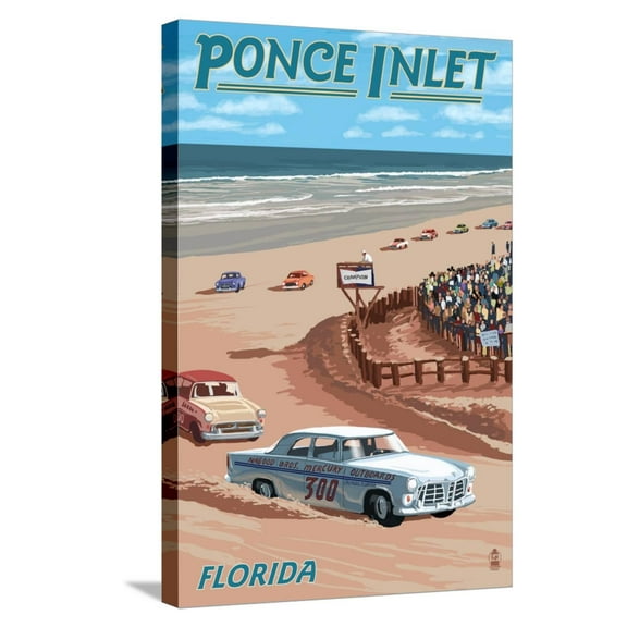 Art.com Dayton Beach Race Scene, Ponce Inlet, FL Stretched Canvas Print Wall Art by Lantern Press, 16" x 24"