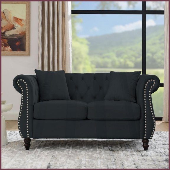58.8" Black Velvet Chesterfield 2 Seater Sofa with Rolled Arms, Tufted Design & Nailhead Trim - Ideal for Living Room, Bedroom, Office