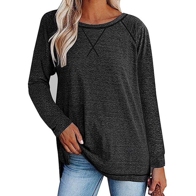 Chemises à Manches Longues pour Femmes Col Ras du Cou Raglan Casual Tunique en Coton en Vrac T-Shirt d'Automne