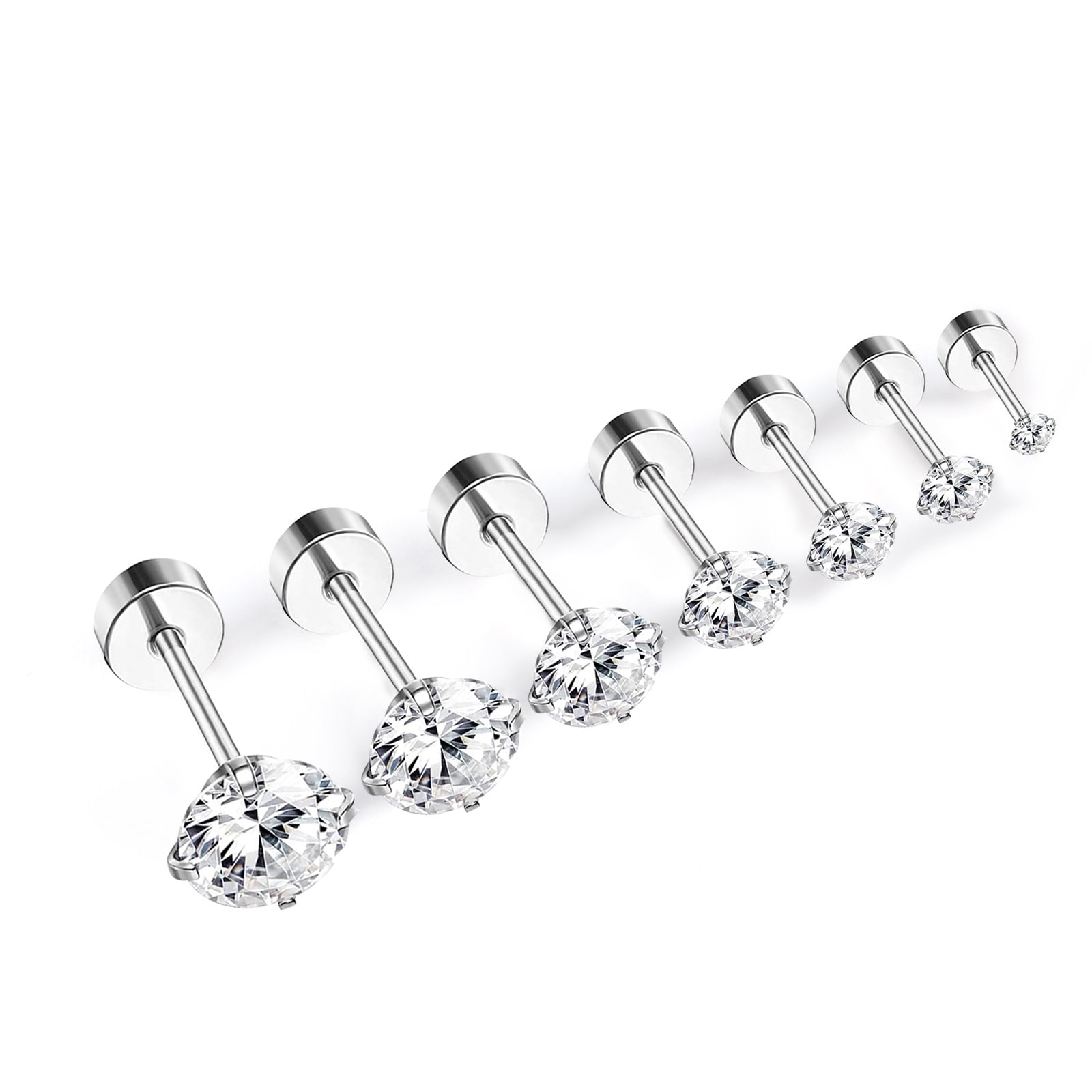 Nmkwnr 14 Pairs 316L Stainless Steel Stud Earrings Flat Back Earrings Round Cubic Zirconia Earrings Studs for Women, Silver