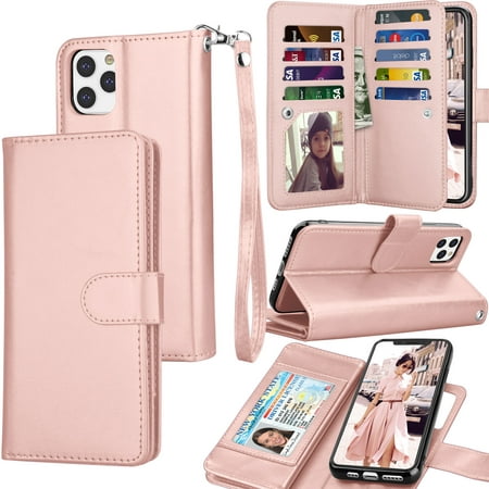 Tekcoo Wallet Case For iPhone 11 / iPhone11 (6.1 inch) 2019 Luxury ID Cash Credit Card Slots Holder Carrying Pouch Folio Flip PU Leather Cover [Detachable Magnetic Hard Case] Lanyard - Rose