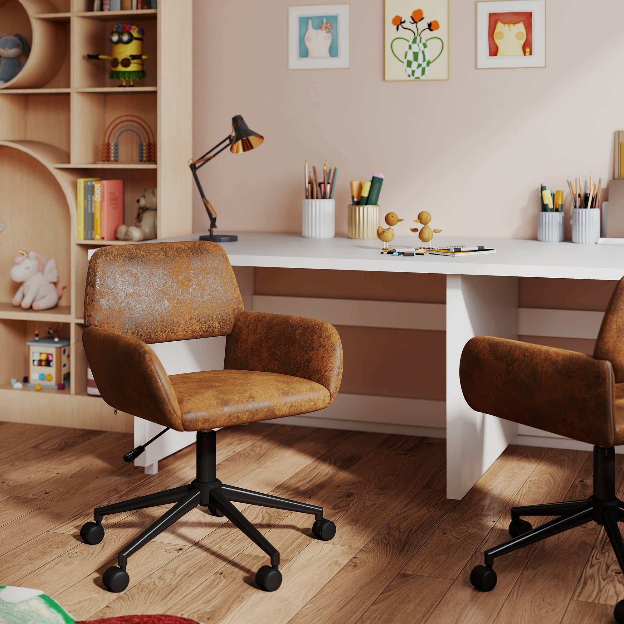 Homy Casa Kids Study Chair - Adjustable Height Swivel Task Chair with Armrests for Homework Play Room, Brown Faux Suede