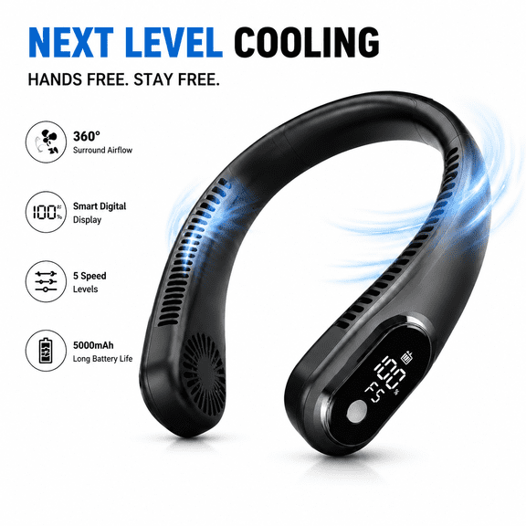 Smart Digital Display Neck Fan, Bladeless Personal Cooling Fan with 5 Speeds, Rechargeable Hands Free Wearable Fan, Portable Quiet Fan for Outdoor, Travel, Camping, Work