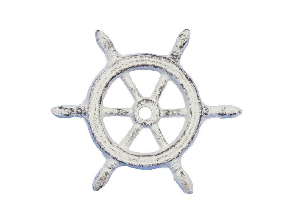 Whitewashed Cast Iron Ship Wheel Decorative Paperweight 4' - Decorative Cast Iron Ships Steering Wheel