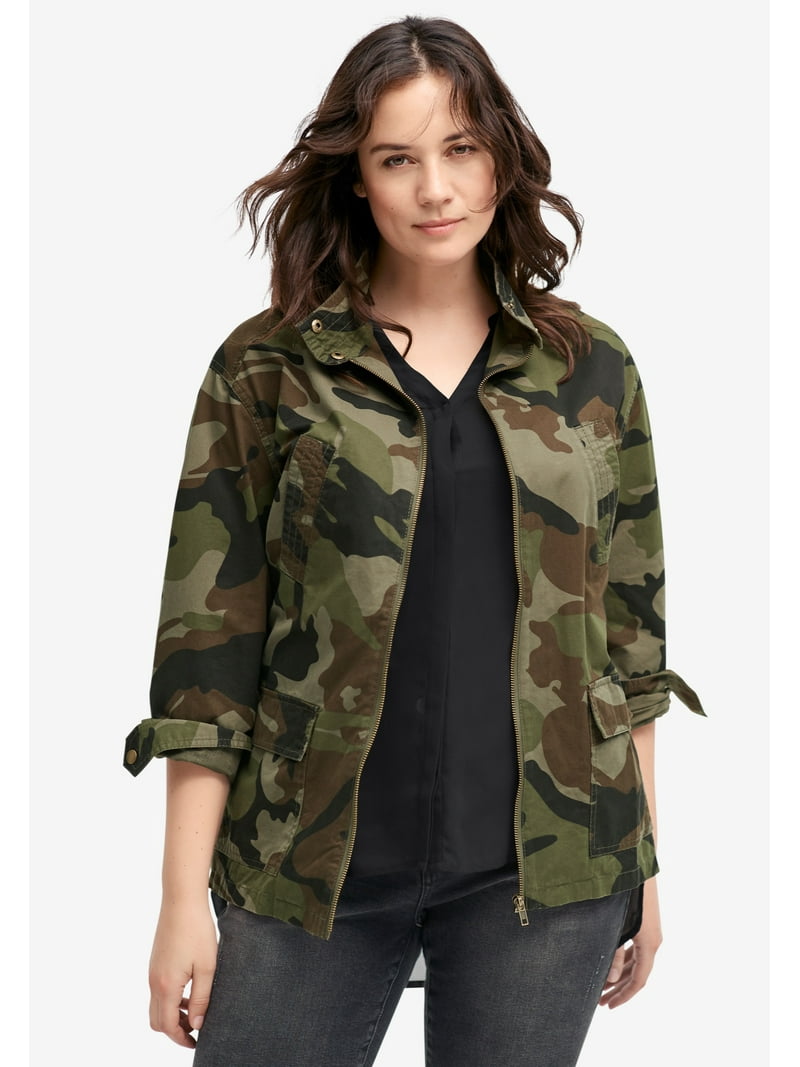Ellos Women's Plus Size Camo Utility Jacket for Spring, Fall