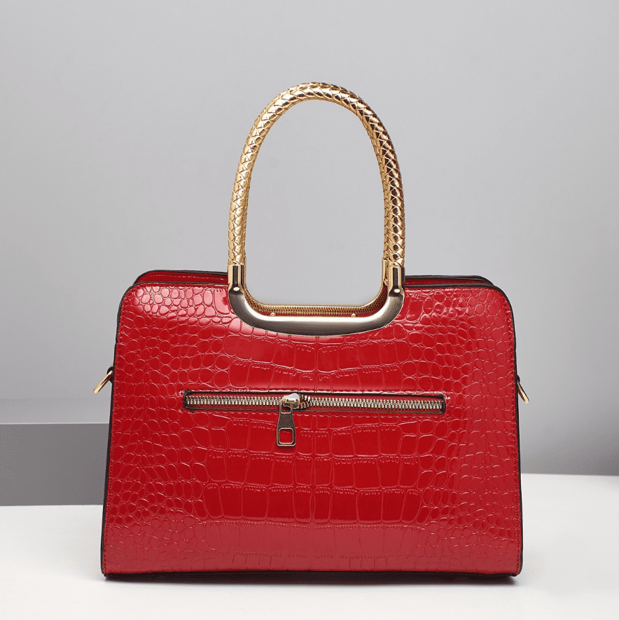 PORT&LOTUSWomen's Glossy Pink Patent Leather Tote Bag with Bow & Rhinestone Detail, Gold-Tone Braided Handles, Convertible Crossbody Strap