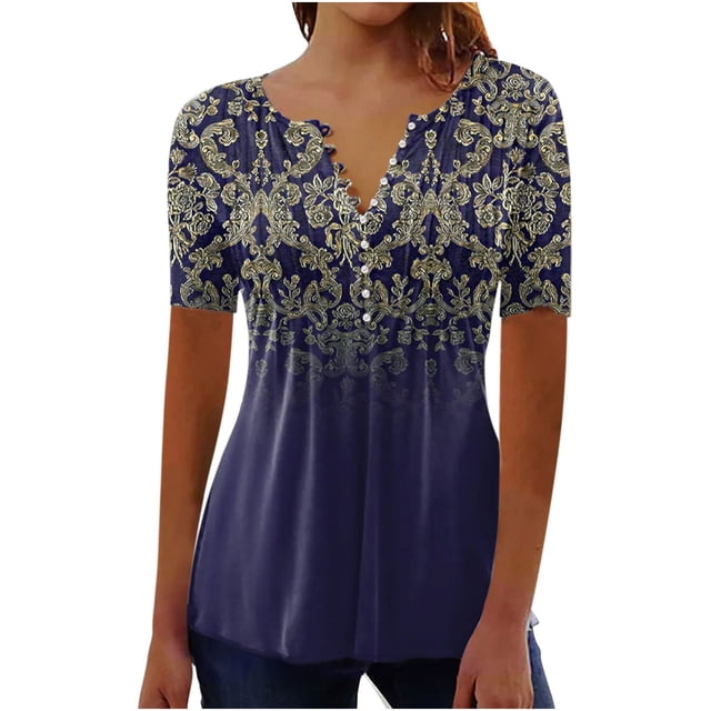 Pompotops Femmes Mode Décontractée Imprimé Col Rond Ample Manches Courtes T-shirt Haut Blouse Chandail Liquidation