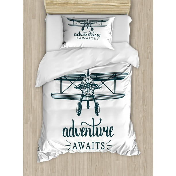 Adventure Awaits Duvet Cover Set Twin, Airplane Bedding Twin Size