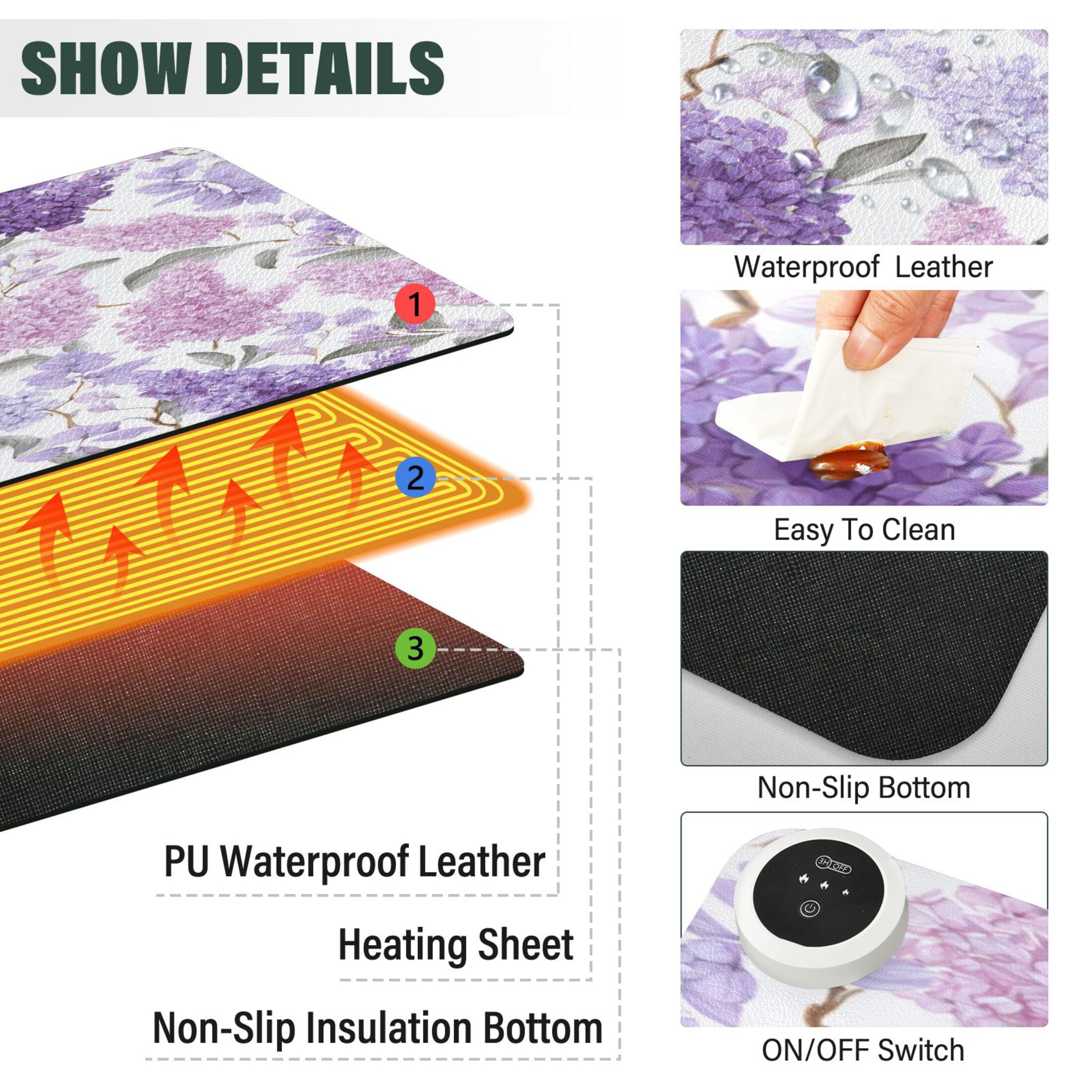 Wobogo Lavender Heated Mouse Pad Extra-Large Desk Mat With 3 Heating Levels and 3-hour Auto Shut-Off Protection Ideal for Computer Keyboards Home Office Hand-warming Essential 31.5in × 13in