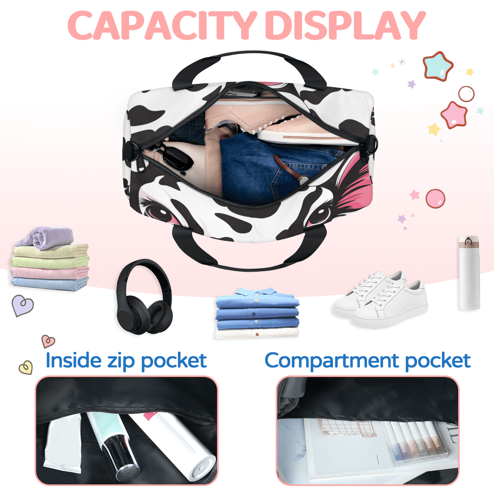 Herdesigns Cow Travel Duffle Bag Sports Yoga Weekender Overnight Carry on Workout Bags Lightweight Waterproof Gym Tote Bag for Women Funny