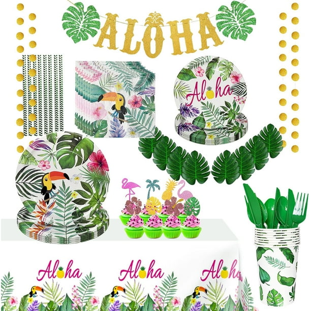 HTOOQ Hawaiian Luau Birthday Party Decorations - Tropical Party Supplies  Include Plate, Banner, Napkin, Cup, Straws, Leaf, Topper, Tablecloth,  Garland, Cutlery for Aloha Party Decorations