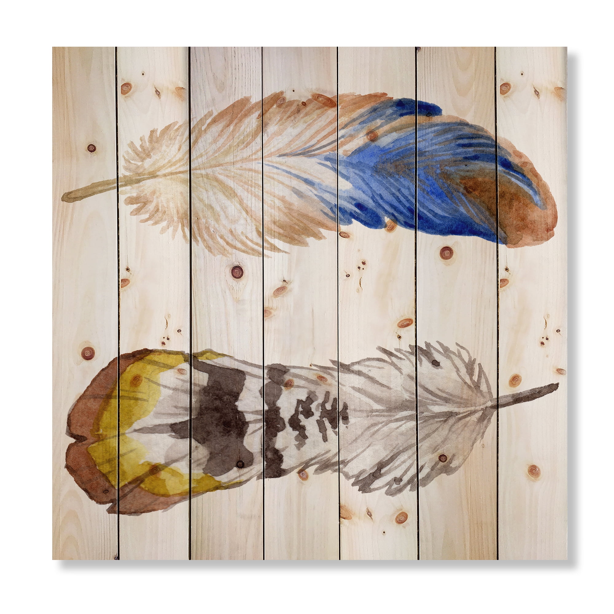 Designart 'Colourful Boho Art Feather Set III' Bohemian & Eclectic Print on Natural Pine Wood