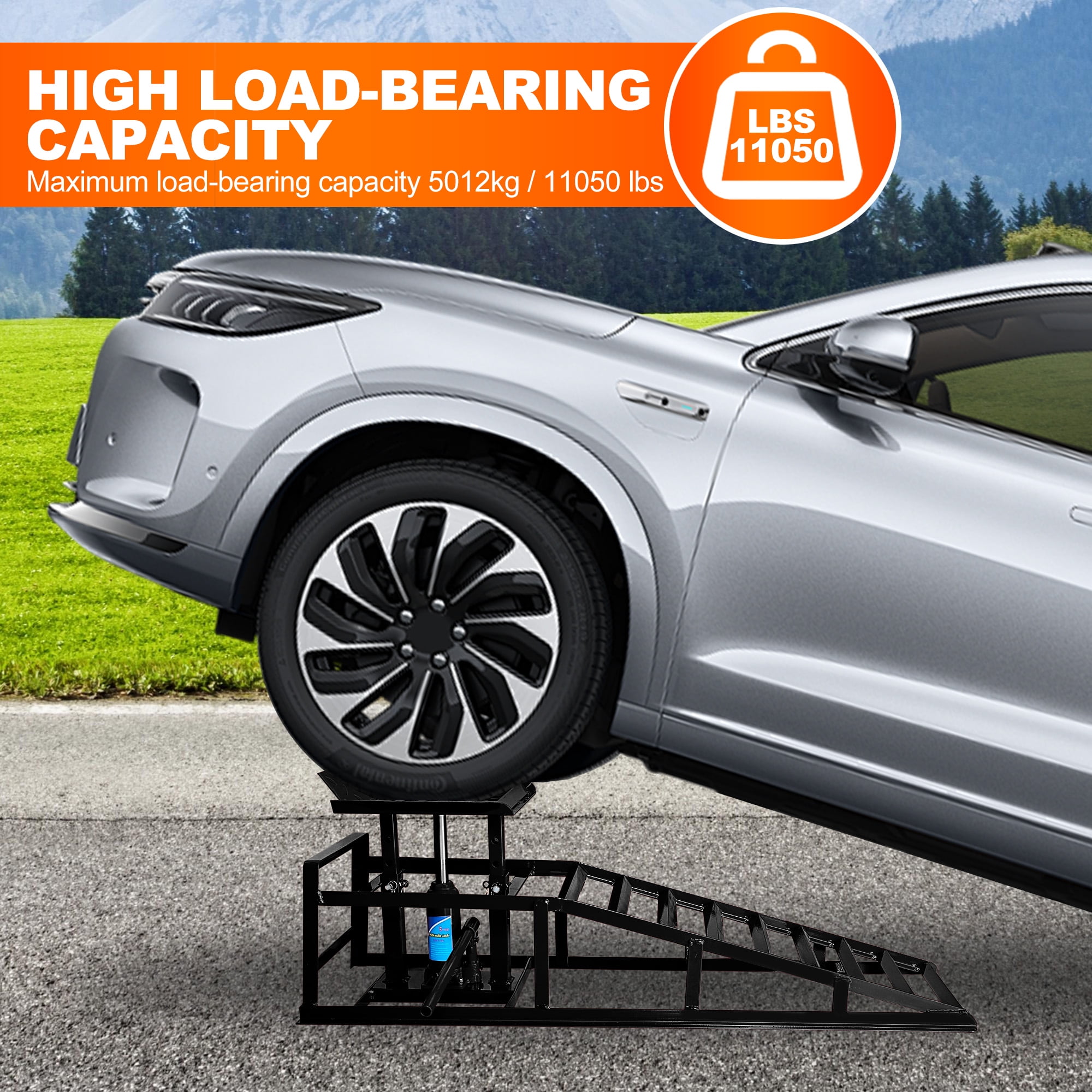 Vertlley 2Pcs Car Ramps with 5t/11050 lb, Heavy-Duty Steel Vehicle Ramps, Portable Car Lift , Built-in Hydraulic Jack, Black