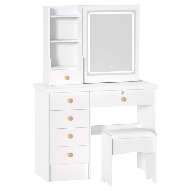 Vanity Table with Adjustable 3 Color Brightness Adjustment Sliding Lighted Mirror, Dressing Table Set with 6 Drawers And Multi Hidden Storage Shelves, Dorm Home Bedroom Desk with Cushioned Stool