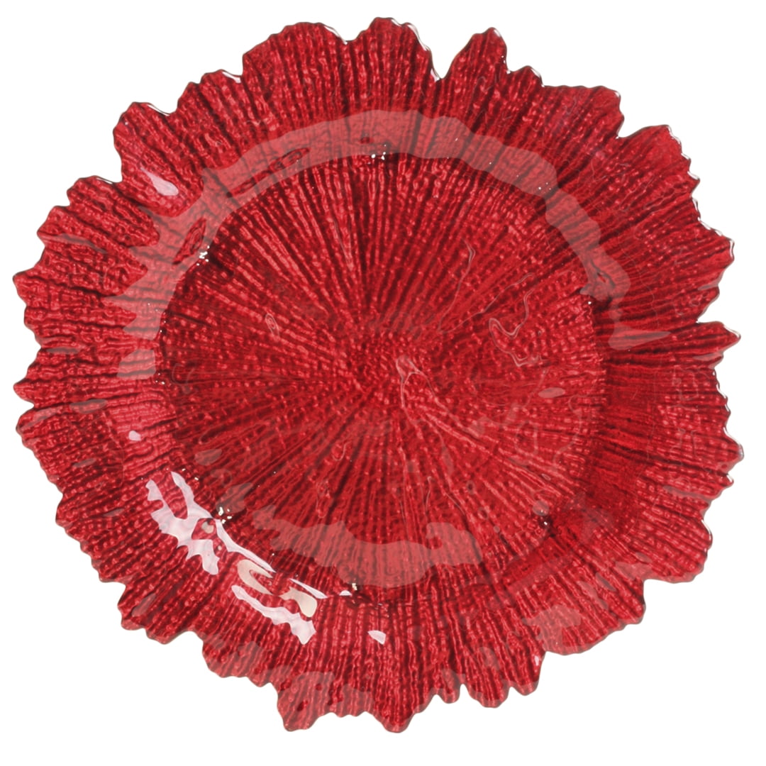 Koyal Wholesale Bulk Flora Glass Charger Plates, Set of 4, Red