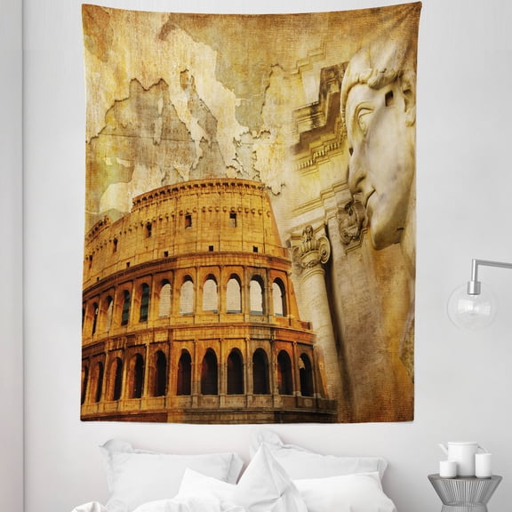 Retro Tapestry, Roman Empire Concept Famous Columns Sculptress Colosseum Map of the Nation Print, Fabric Wall Hanging Decor for Bedroom Living Room Dorm, 5 Sizes, Orange Brown, by Ambesonne