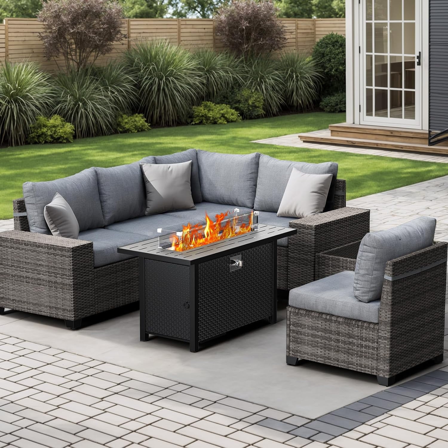 JOIVI 7-Piece Patio Furniture Set with 45" Fire Pit Table, Rattan Outdoor Conversation Set with 50,000 BTU Gas Fire Pit and Coffee Table, Wicker Sectional Sofa Set with Wide Armrest, Gray