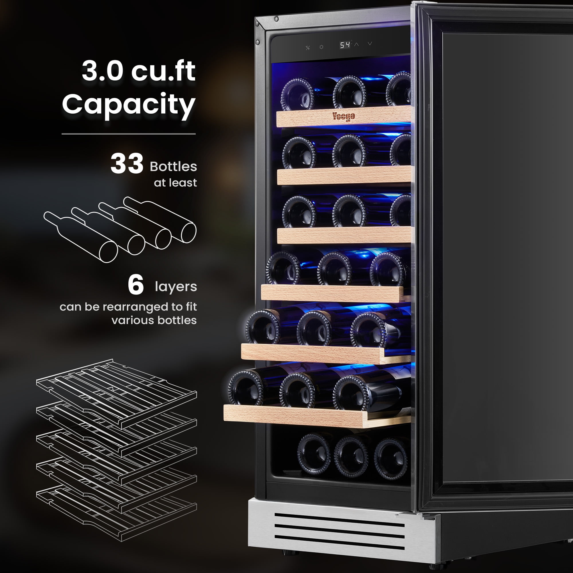 Yeego 15 Inch Wine Cooler and Refrigerator, 33 Bottles 40-65℉ with Glass Door Wine Fridge for Home Kitchen Bar, Built-in or Freestanding