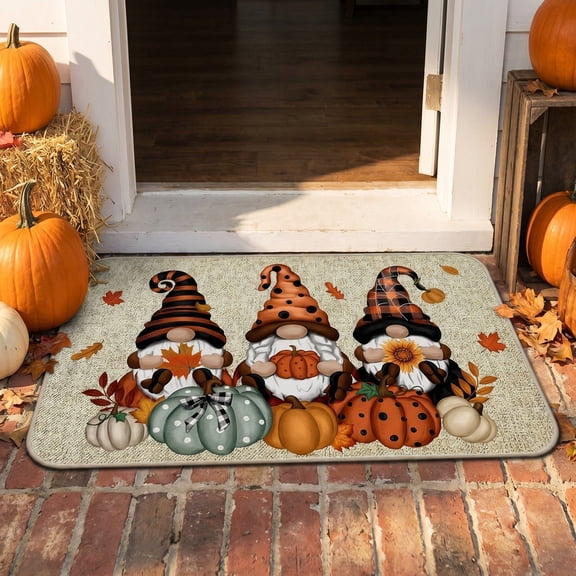 Fall Gnome Pumpkin Doormat, Non-Slip Absorbent Floor Mat with Maple Leaf Print, Washable Indoor Entryway Rug for Front Door Kitchen Thanksgiving Home Decor