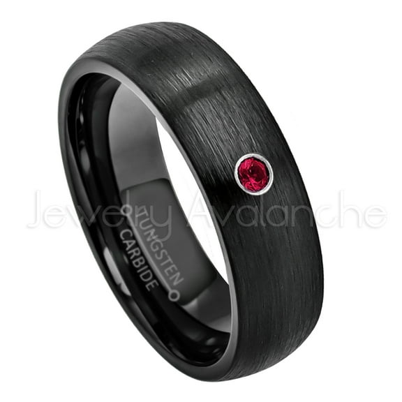 6mm Brushed Dome Black Tungsten Ring - 0.07ct Solitaire Ruby Ring - Personalized Tungsten Wedding Ring - Custom Made July Birthstone Ring TN233BS