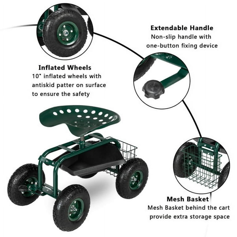 Rolling Garden Cart 4 Wheel Garden Work Seat with Storage Basket