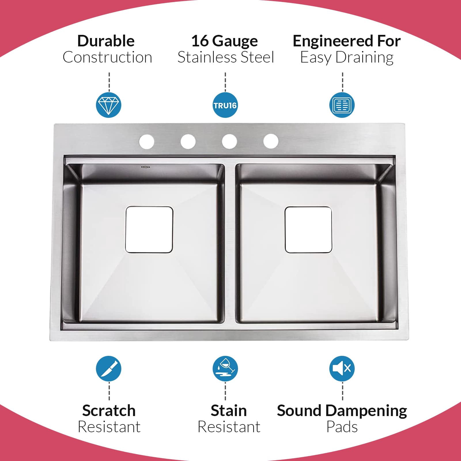 Strictly Sinks 33 inch 16ga Top mount Kitchen Workstation Drop In Sink Silver 50/50 Double Bowl Sink