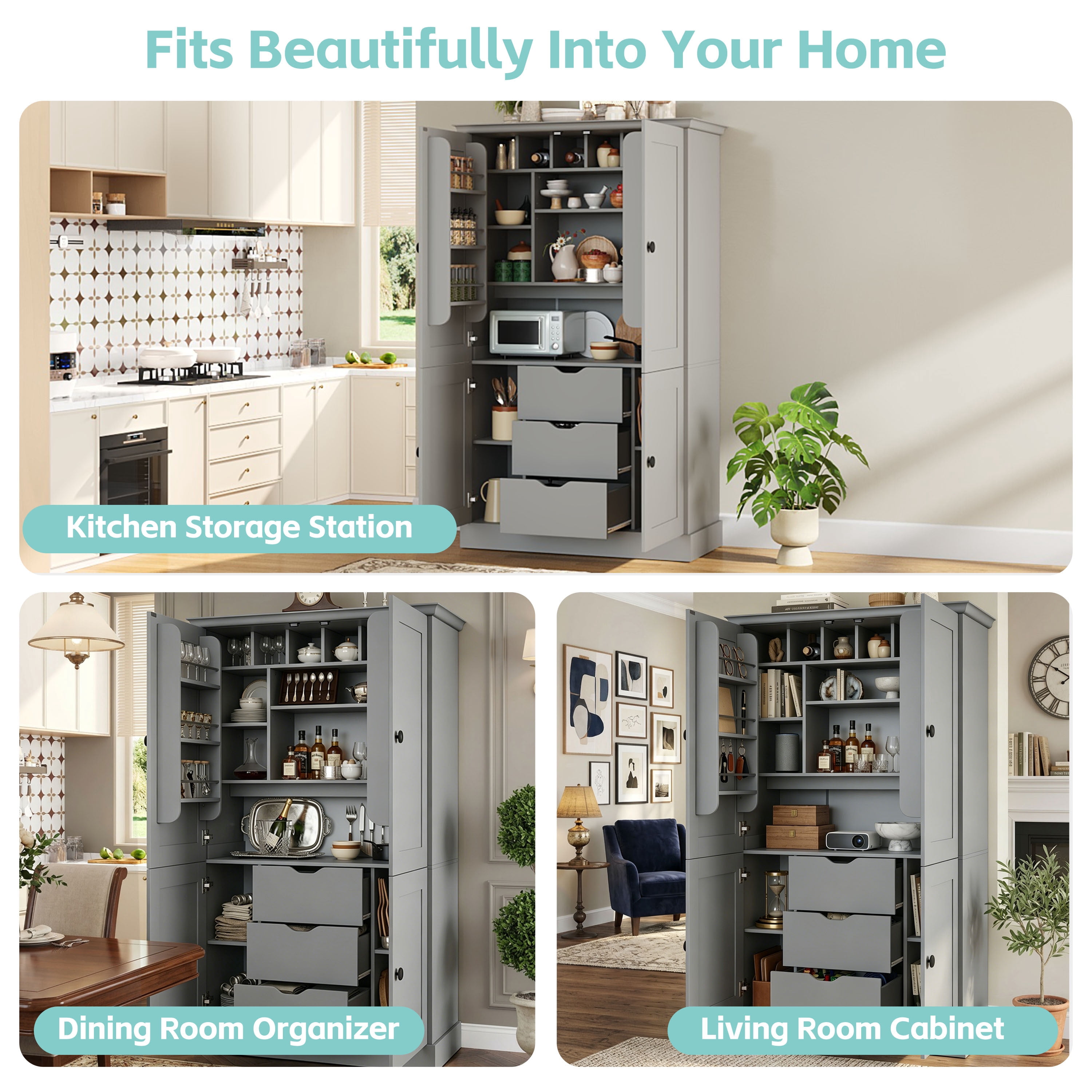Euroco 70.9" Kitchen Pantry Cabinet with 3 Drawers, Farmhouse Tall Storage Cabinet with 6 Door Shelves, Removable Shelves and 6 Wine Racks,Freestanding Cupboard for Dining Room,Grey