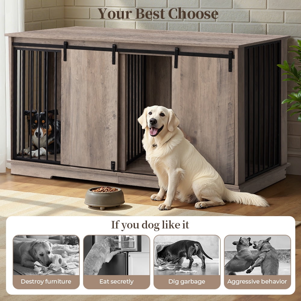 Large Dog Crate Furniture with 2 Divider End Table, DOMIPET Wooden Indoor Dog Kennel TV Stand, Metal Tube & 2 Lockable Barn Door